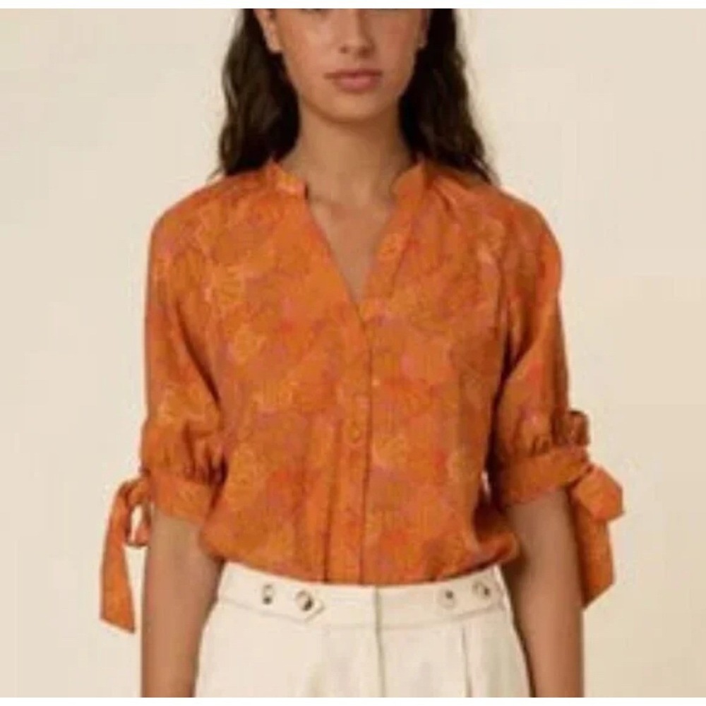 FRNCH PARIS Orange Floral Print V Neck Tie Sleeve Blouse Top Medium
